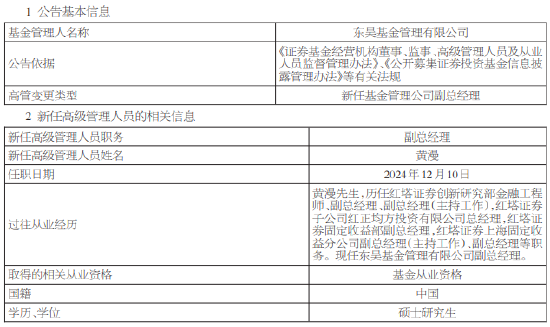 东吴基金新任黄漫为副总经理 曾任职于红塔证券固定收益部副总经理